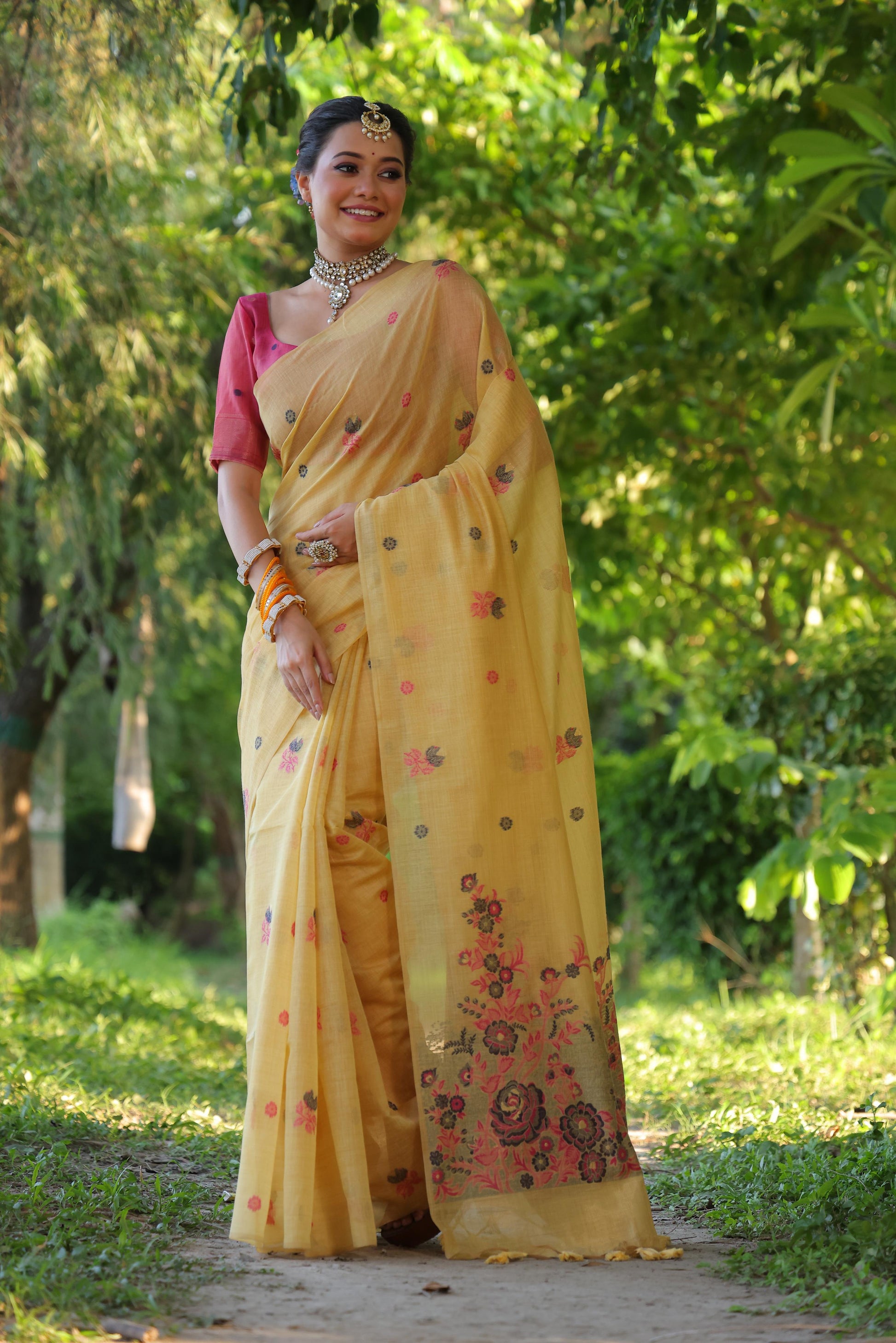 Product Image - Designer Muga Cotton Saree with Floral Weaving
