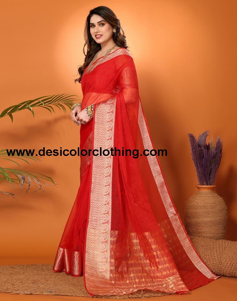 Red Organza Plain Saree
