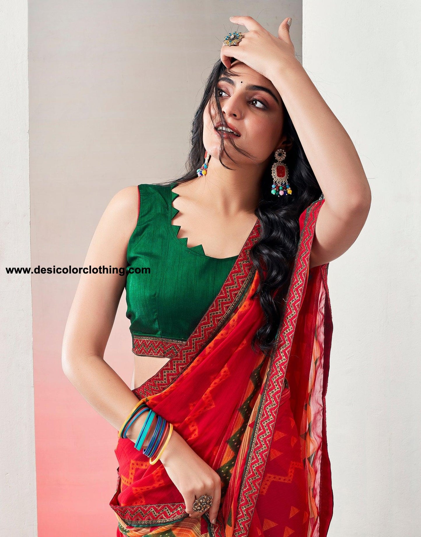 Red Chiffon Printed Saree