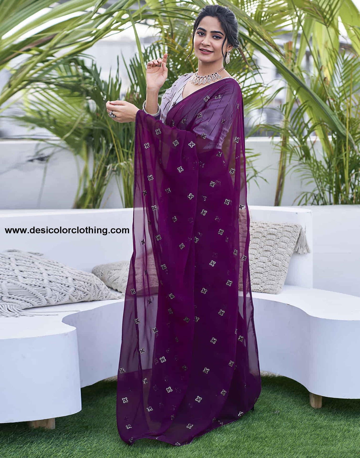 Dark Purple Georgette Sequence Embroidery Saree