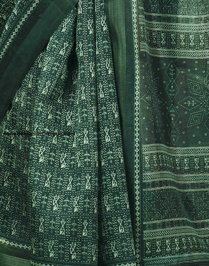 Dark Green Cotton Printed Saree