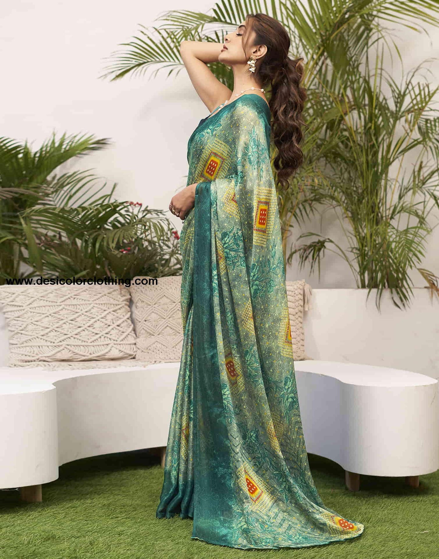 Dark Teal Green Chiffon Bandhani Printed Saree
