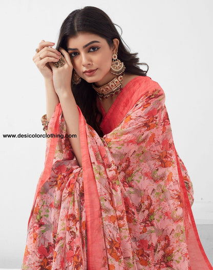 Rose Pink Printed Georgette Saree