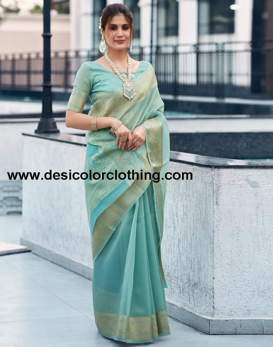 Blue Organza Woven Saree