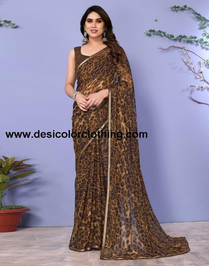 Dark Brown Chiffon Animal Printed Saree