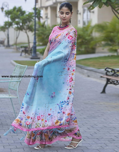 Blue Printed Satin Saree