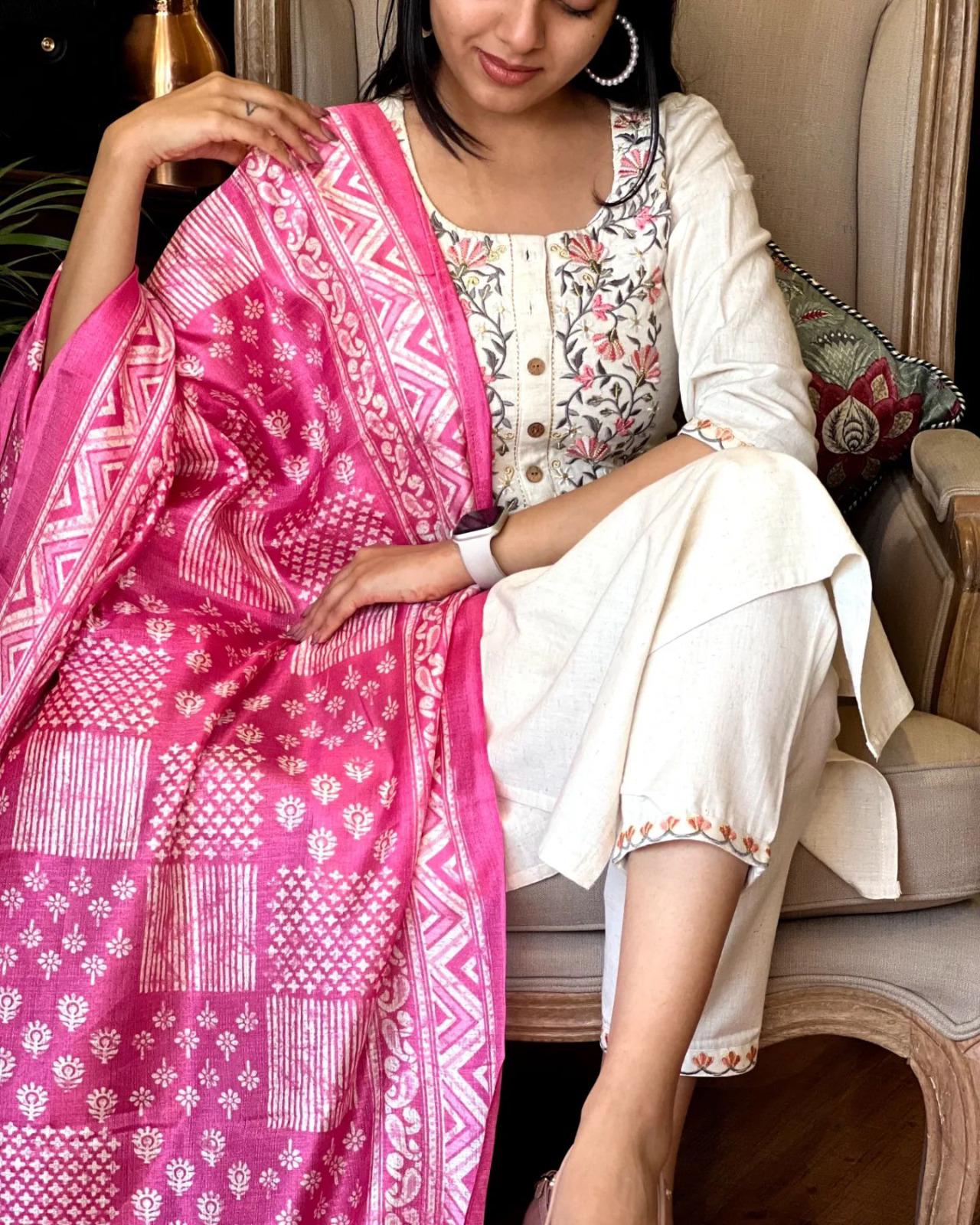 Product Image - Khadi Cotton Embroidery Suit with Khadi Silk Dupatta – Perfect Festive Wear