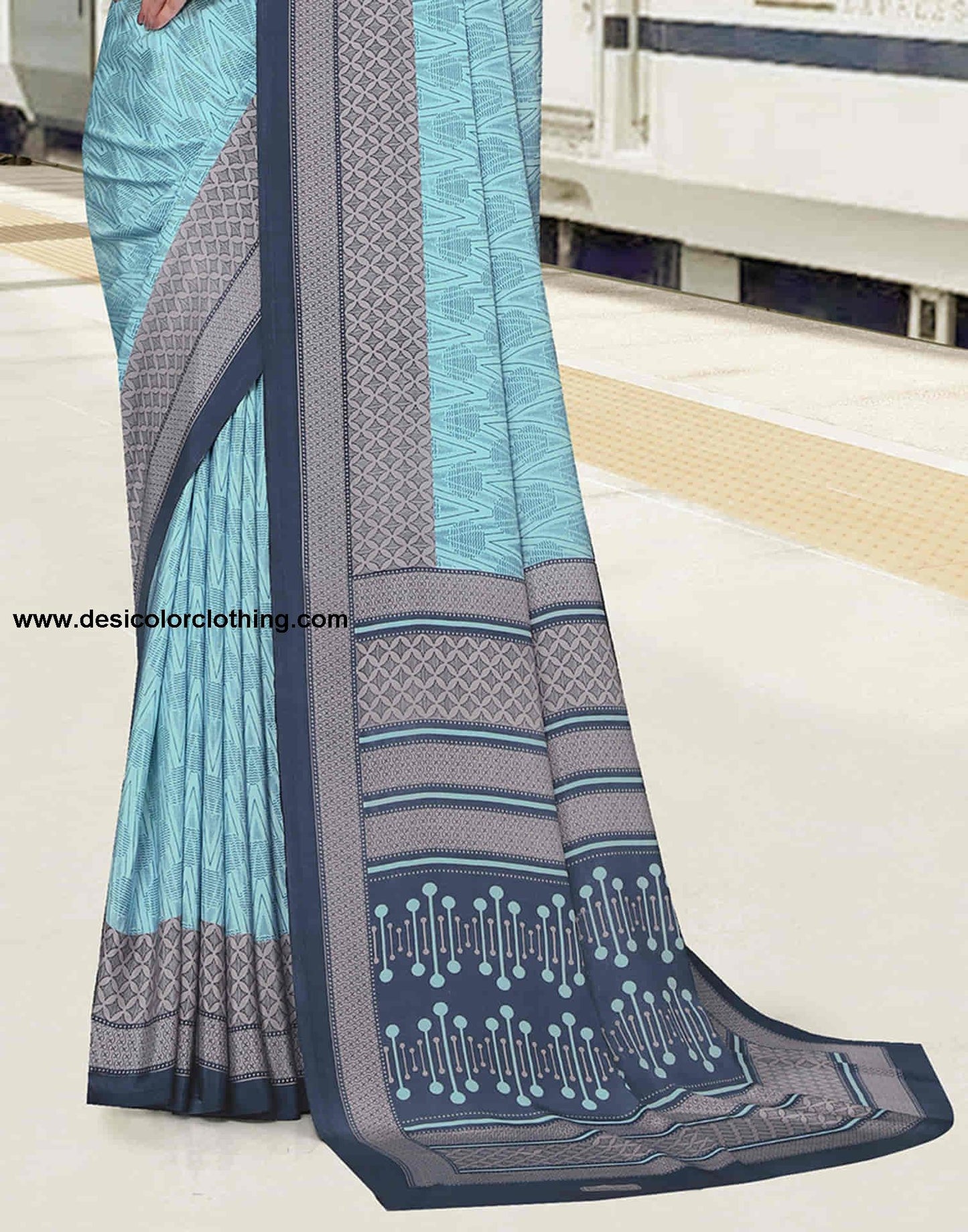 Sky Blue Polyester Printed Saree