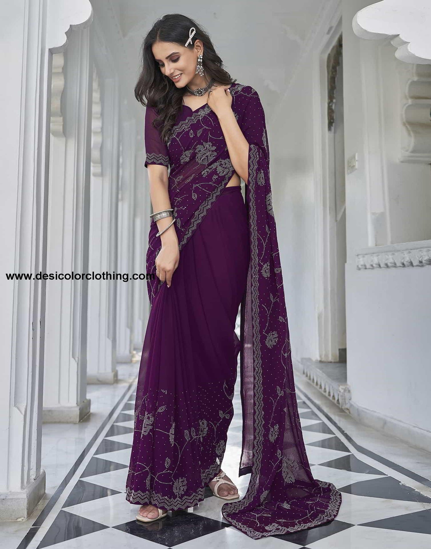 Purple Swarovski Georgette Stone Work Saree