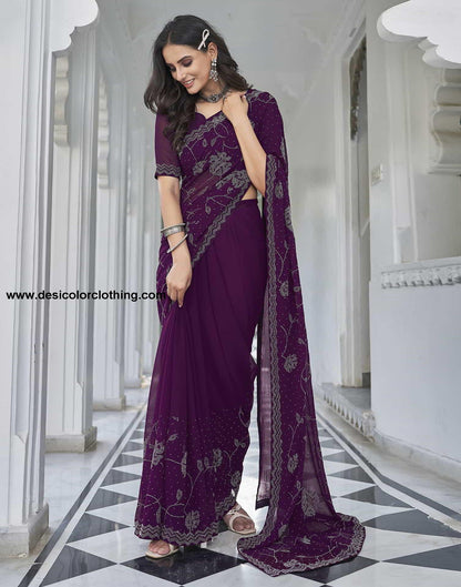 Purple Swarovski Georgette Stone Work Saree