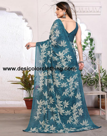 Teal Georgette Floral Printed Saree