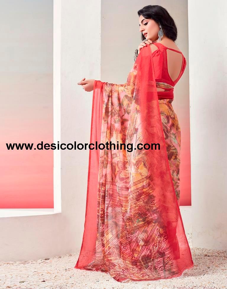 Red Chiffon Printed  Saree