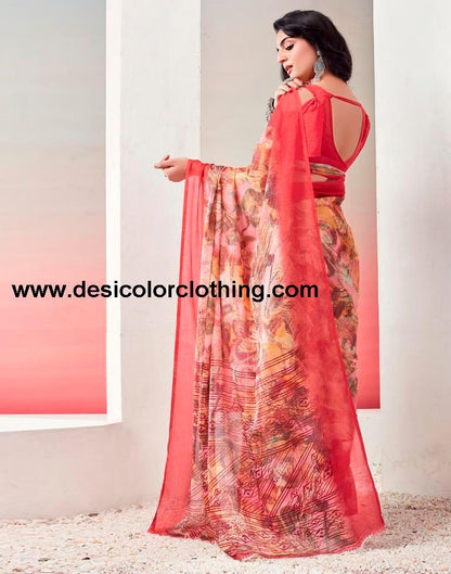 Red Chiffon Printed  Saree