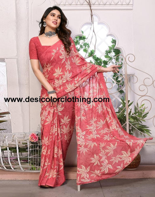 Rose Pink Georgette Floral Printed Saree