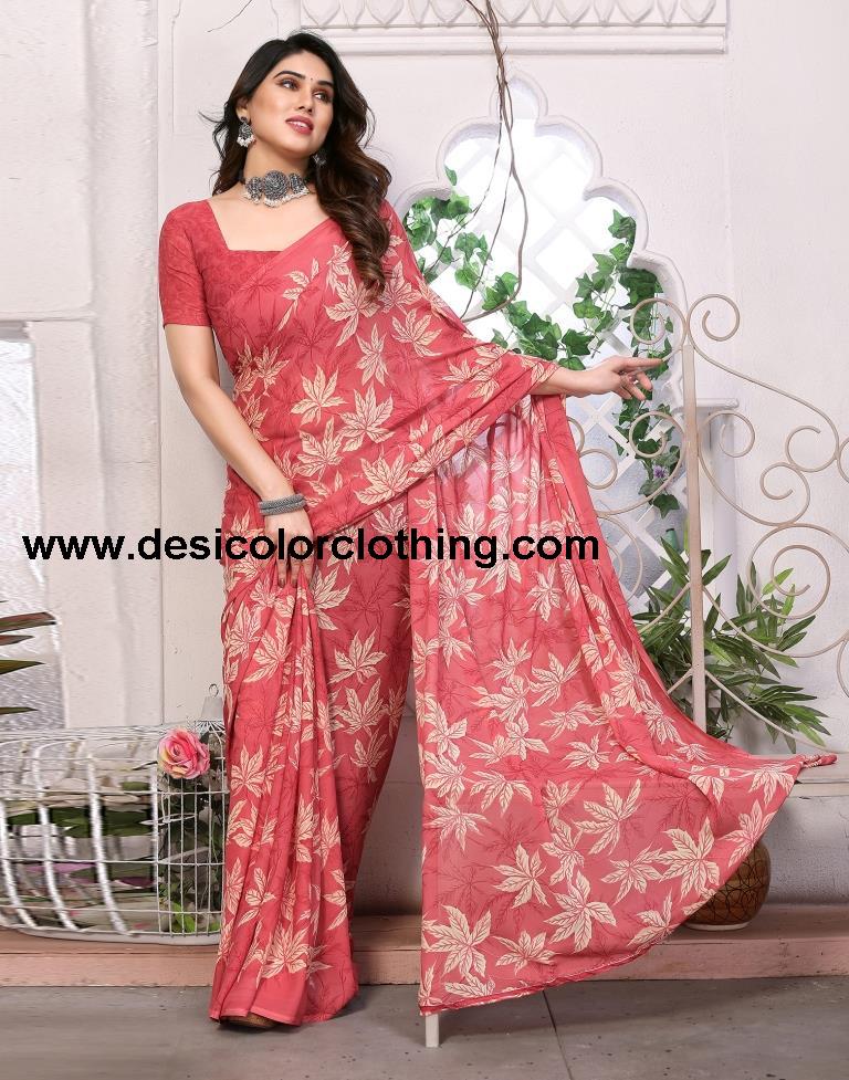 Rose Pink Georgette Floral Printed Saree