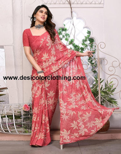 Rose Pink Georgette Floral Printed Saree