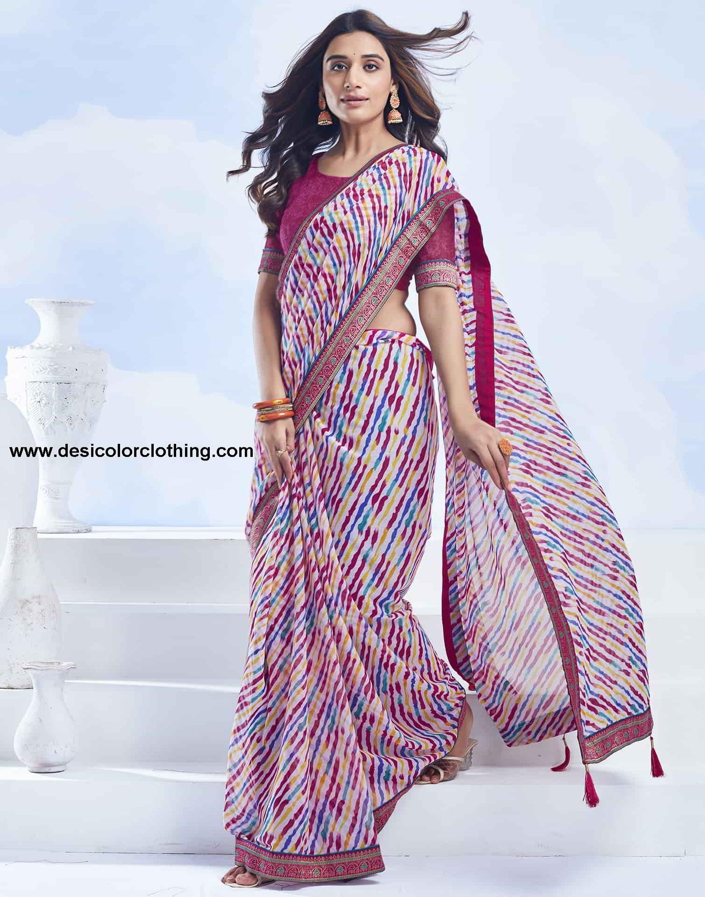 White Printed Chiffon Leheriya Saree