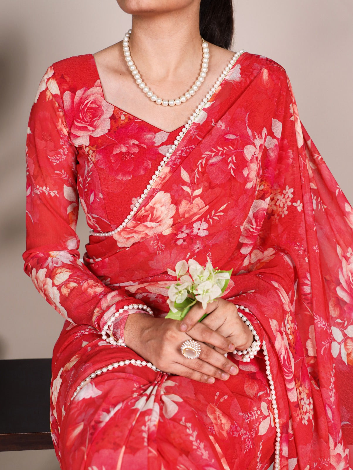 Product Image - Elegant Weightless Marbal Georgette Saree with Pearl Lace Border