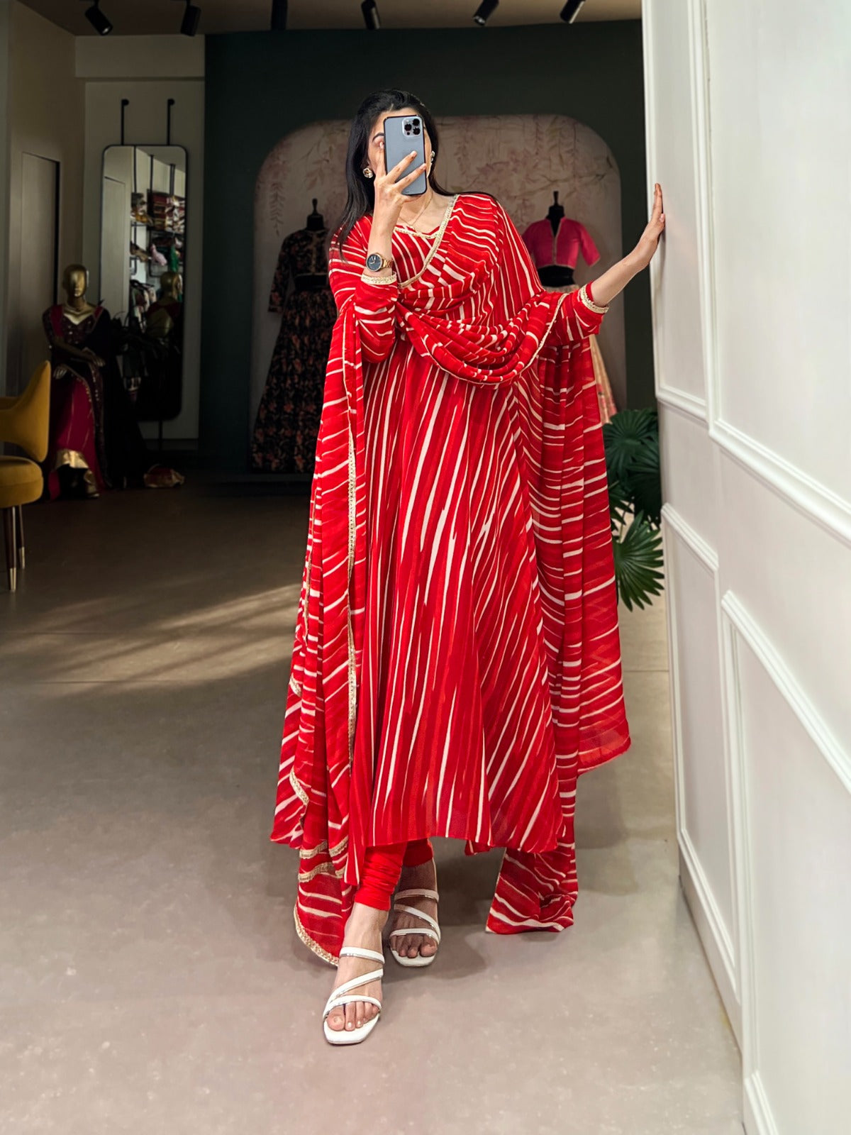 Product Image - Elegant Georgette Gown with Leheriya Print - Festive Wear