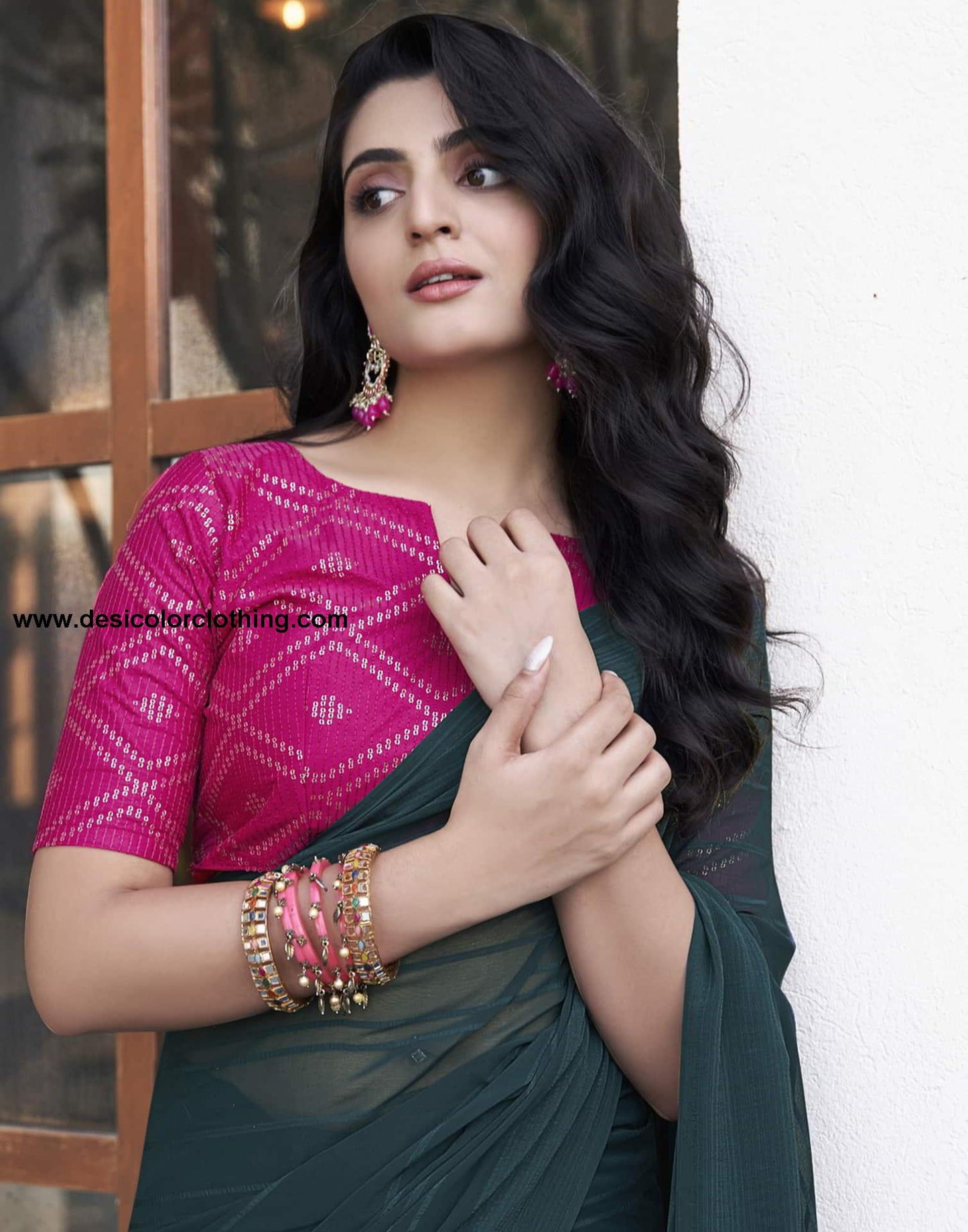 Teal Georgette Plain Saree