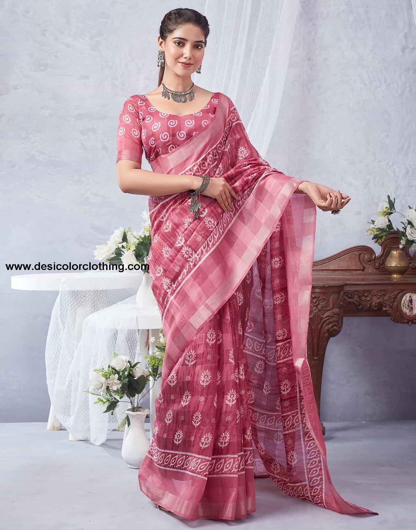 Pink Printed Cotton Saree