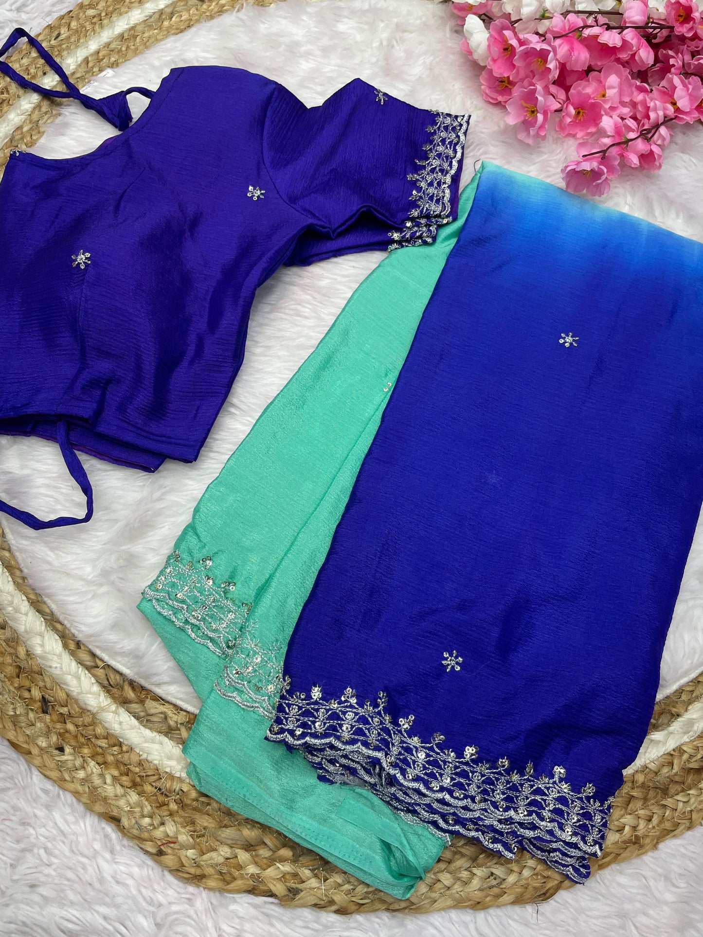 Product Image - Elegant Chinnon Saree with Heavy Embroidery and Jari Work