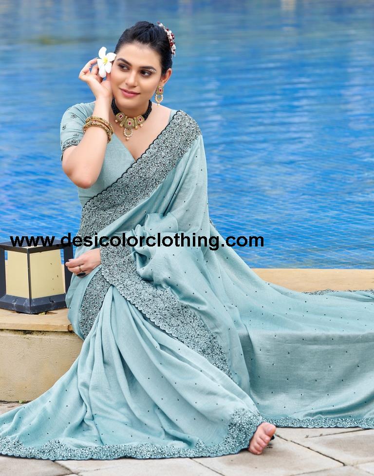 Pastel Blue Plain Silk Saree