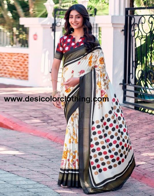 Cream Silk Printed Saree