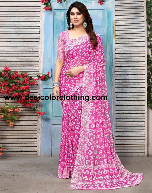 Pink Chiffon Printed Saree