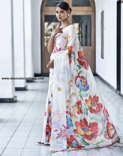 White Printed Georgette Saree