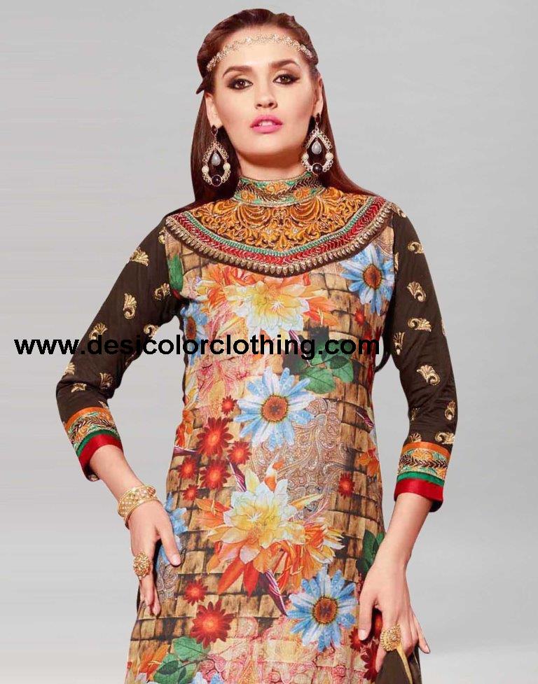 Brown Cotton Printed Embroidered Unstitched Salwar Suit