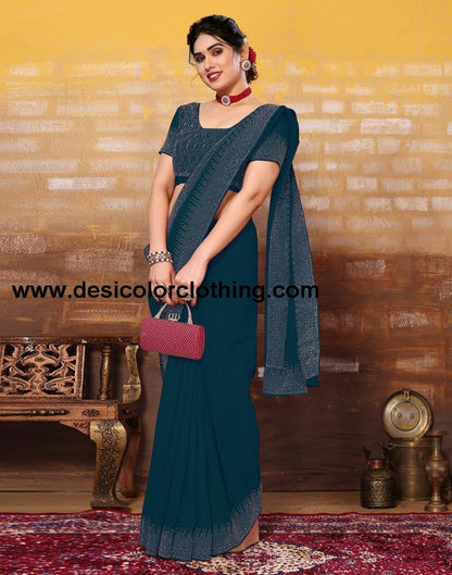 Dark Teal Blue Plain Georgette Saree