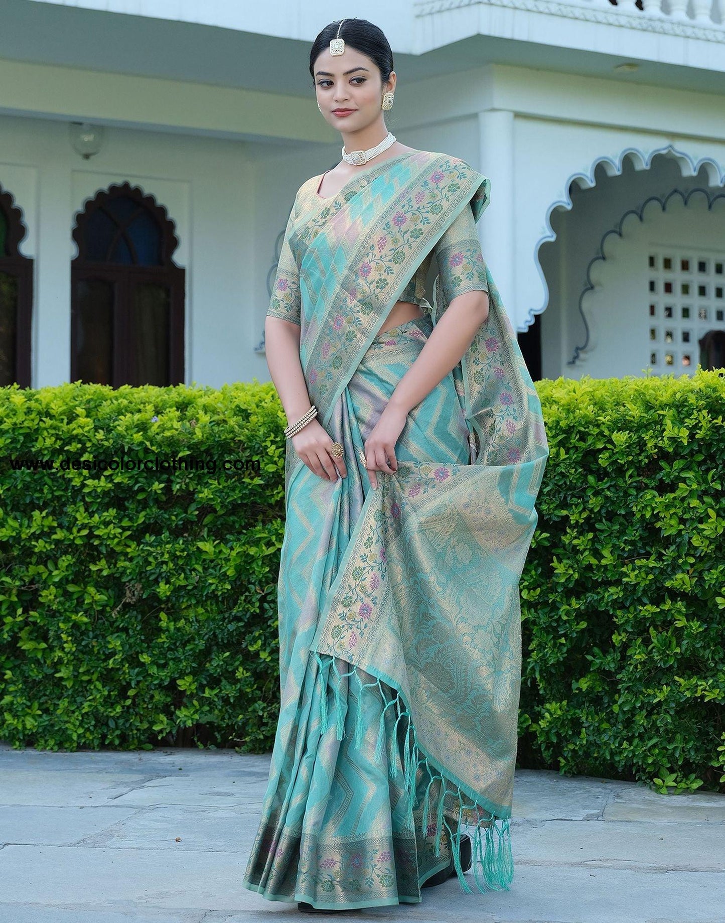 Sky Blue Woven Banarasi Organza Saree