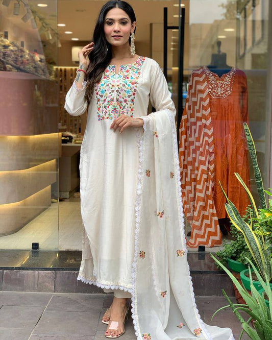 Product Image - Designer Kurti Pant with Dupatta - Elegant Visose Chanderi Ethnic Wear