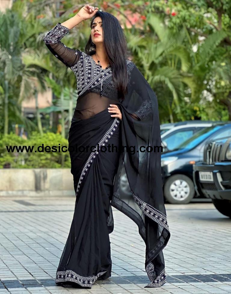 Black Georgette Plain Saree