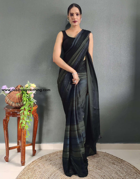 Baige Printed Georgette Pre-draped Saree