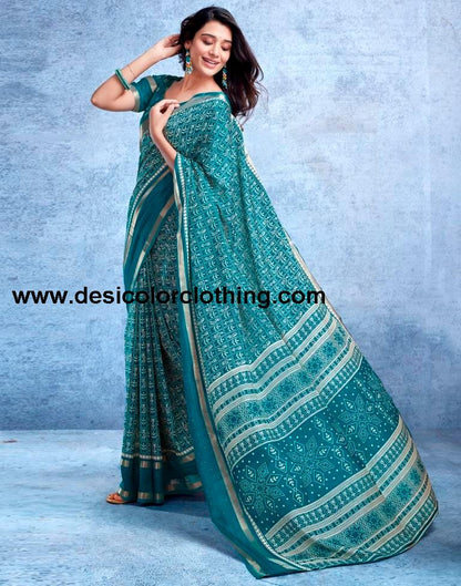 Teal Blue Silk Printed  Saree