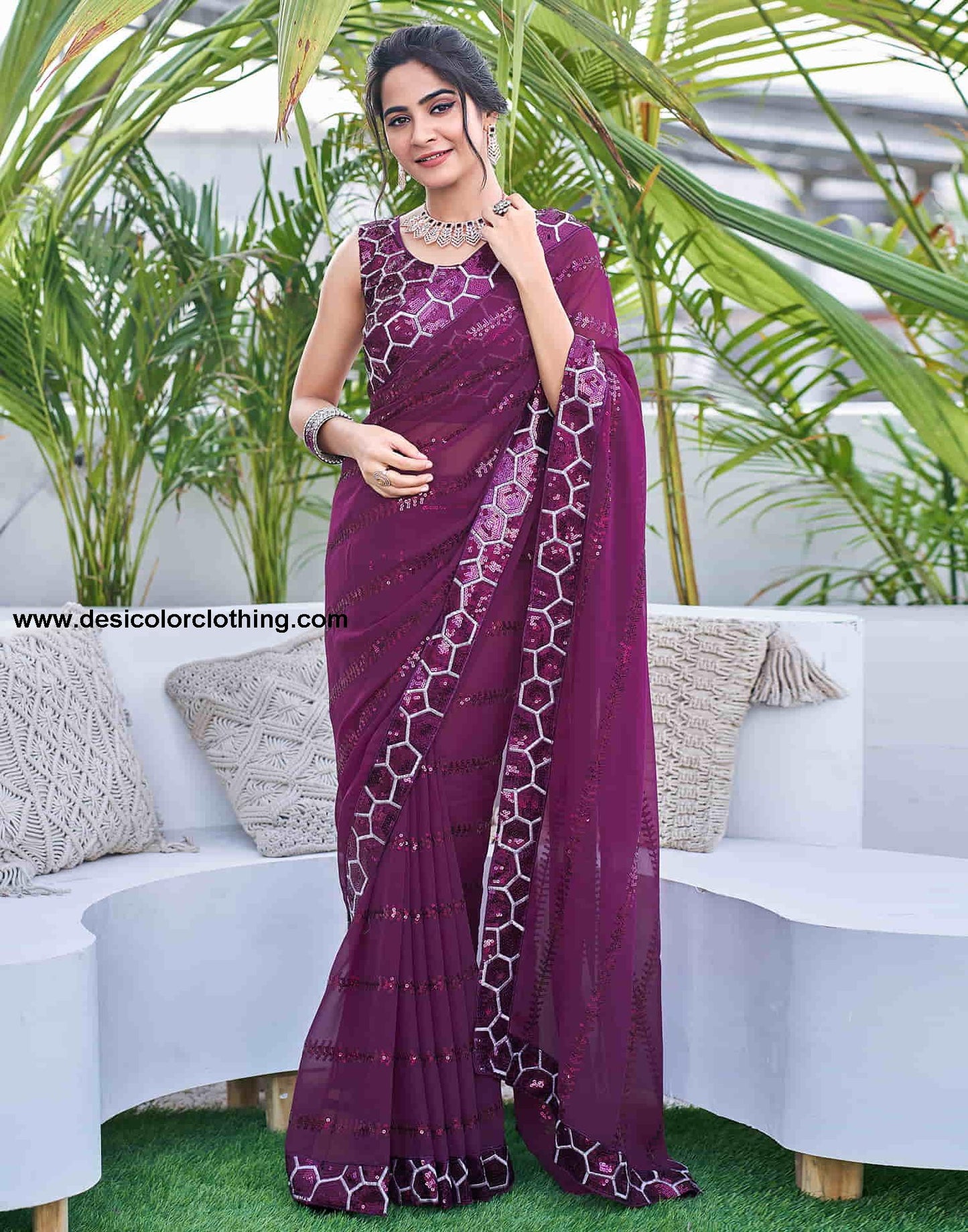 Dark Purple Georgette Sequence Saree