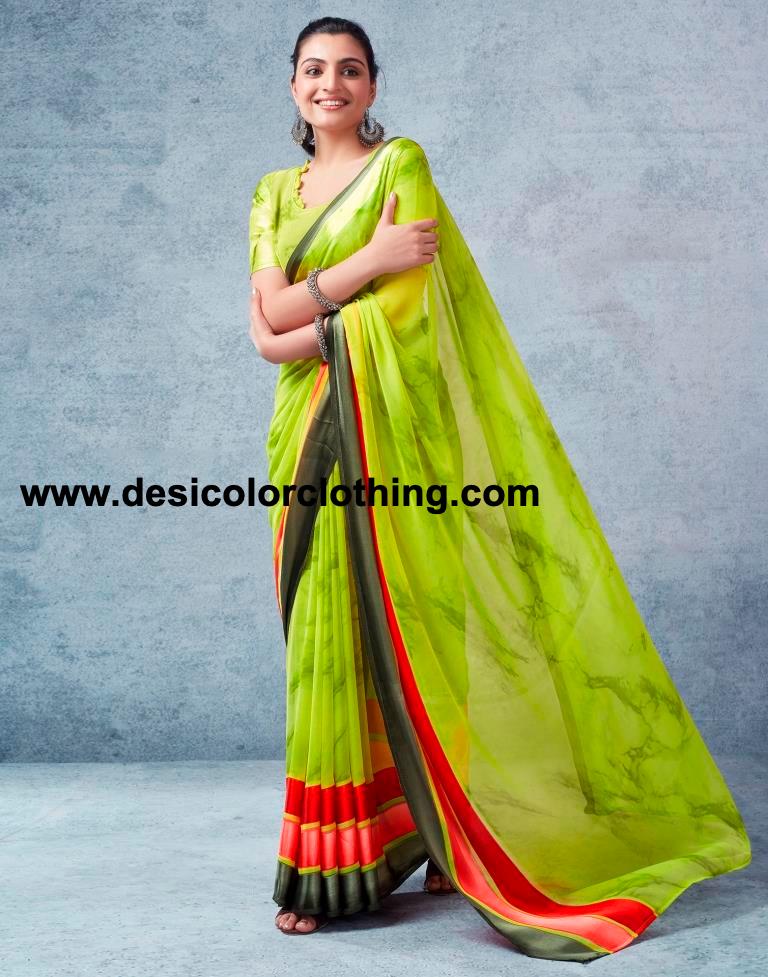 Parrot Green Georgette Printed  Saree