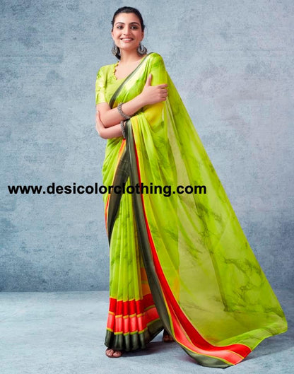 Parrot Green Georgette Printed  Saree