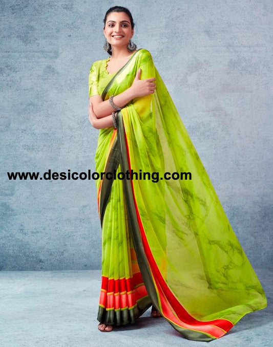 Parrot Green Georgette Printed  Saree