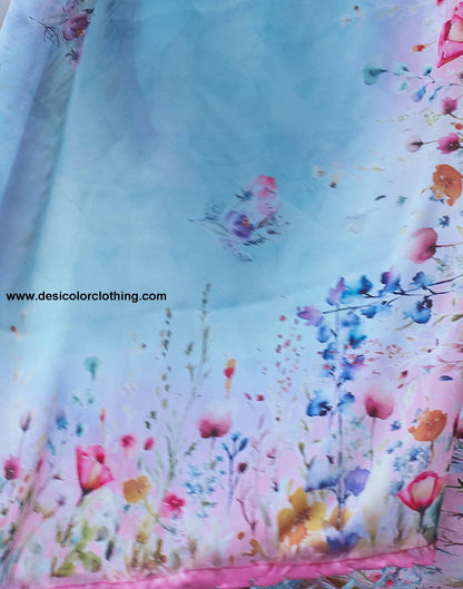 Blue Printed Satin Saree