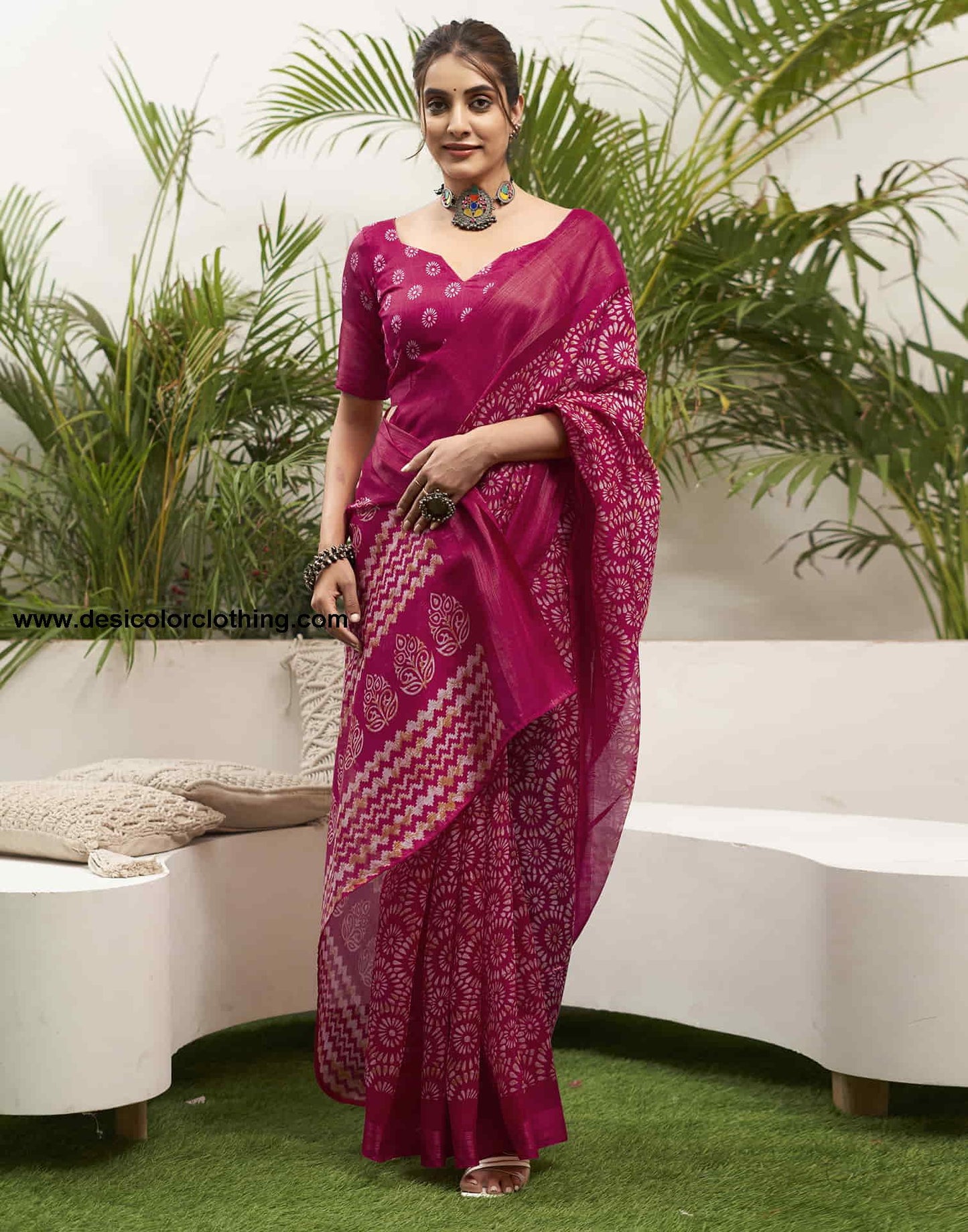 Rani Pink Cotton Printed Saree
