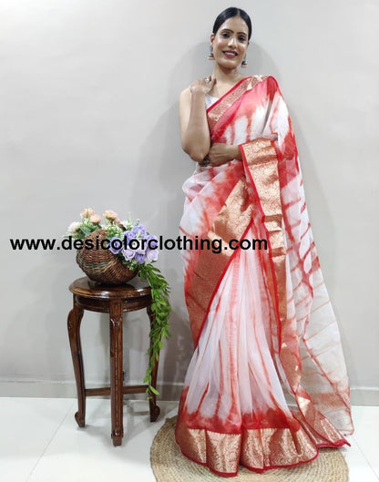Red Organza Printed Saree