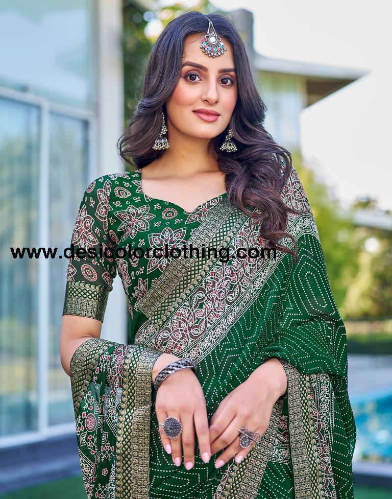 Dark Green Georgette Printed Saree