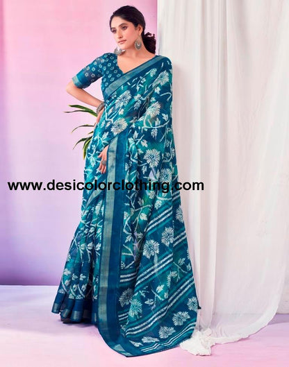Teal Blue Cotton Zari Saree
