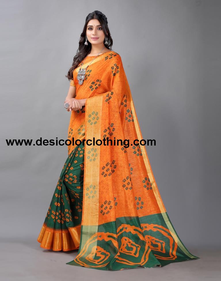 Dark Orange Bandhani Cotton Saree