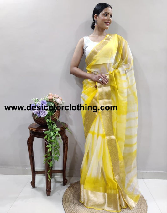 Yellow Organza Printed Saree