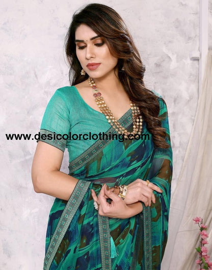 Rama Green Chiffon Printed Saree