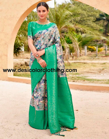 Teal Green Silk Printed Ready To Wear